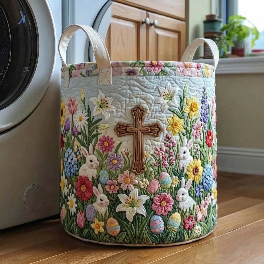 Easter Cross Garden Bunny Quilted Laundry Basket Spring Floral Decor Best Gift For Easter Season
