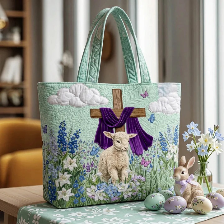 Easter Cross Lamb Wildflower Quilted Tote Bag Religious Spring Floral Holiday Celebration Gift For Her