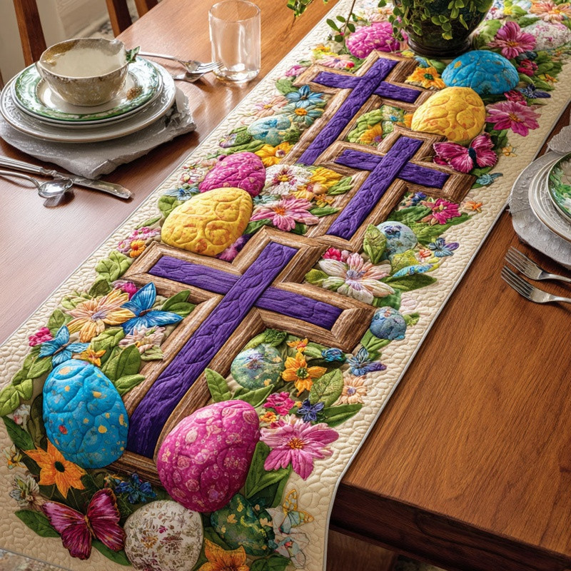 Easter Cross Quilted Table Runner Religious Spring Table Decor Gift For Christians