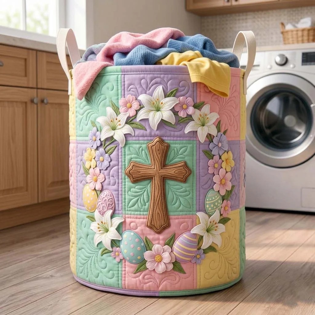 Easter Cross Spring Lily Quilted Laundry Basket Seasonal Floral Decor Unique Gift For Easter Season