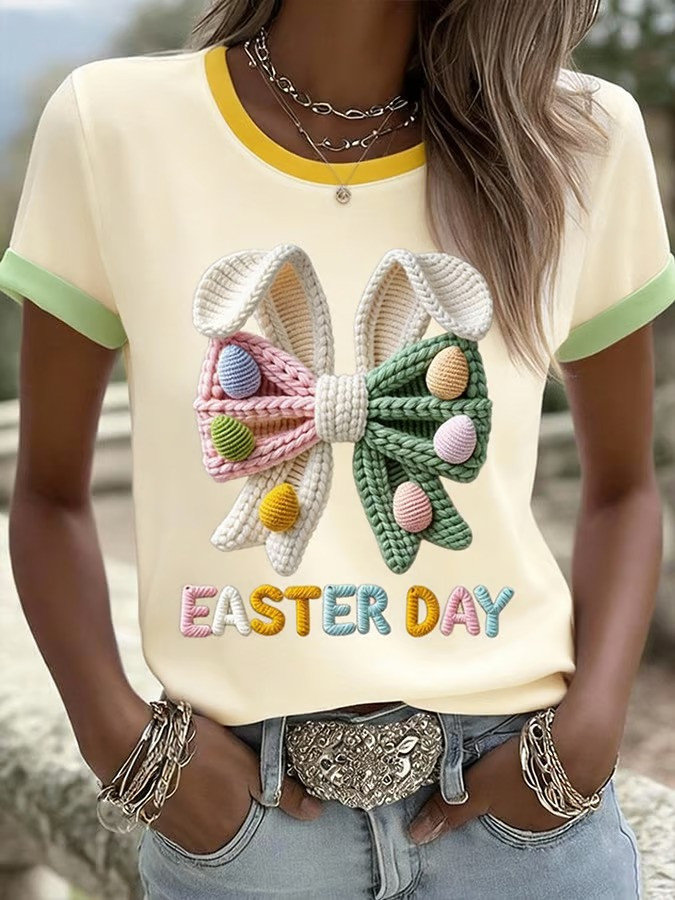 Easter Day Crochet Bow Bunny Ears T-Shirt Colorful Easter Eggs Fan Apparel Best Gift For Easter Lovers