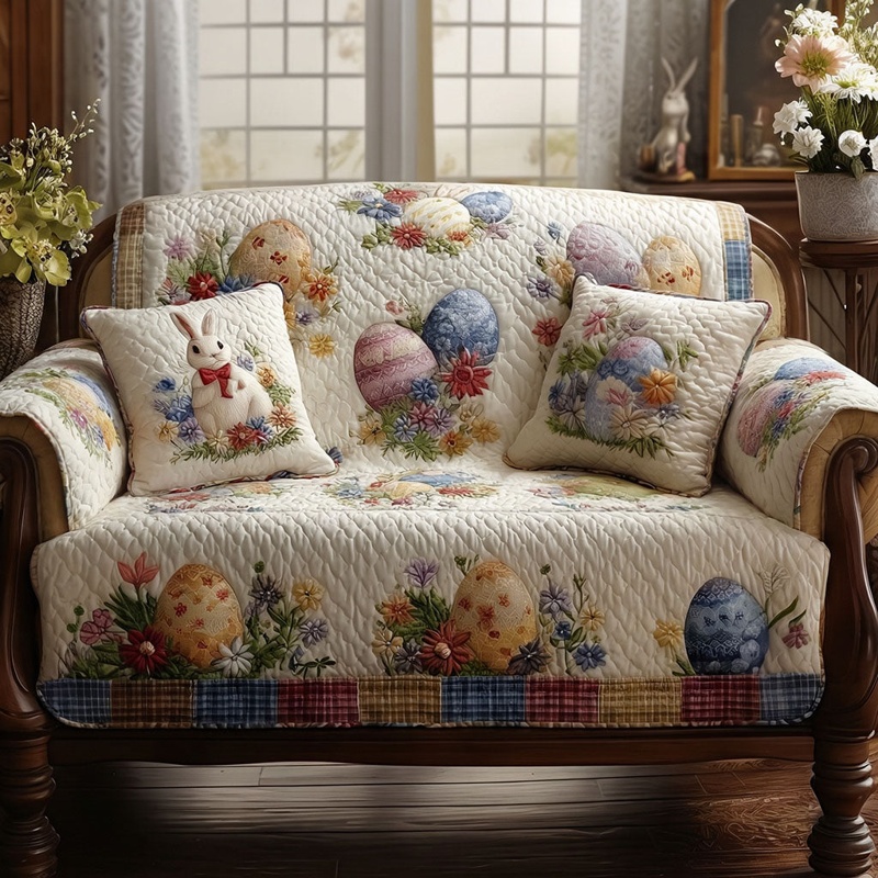 Easter Egg Garden Quilted Sofa Cover Spring Furniture Decor Gift For Easter Lovers