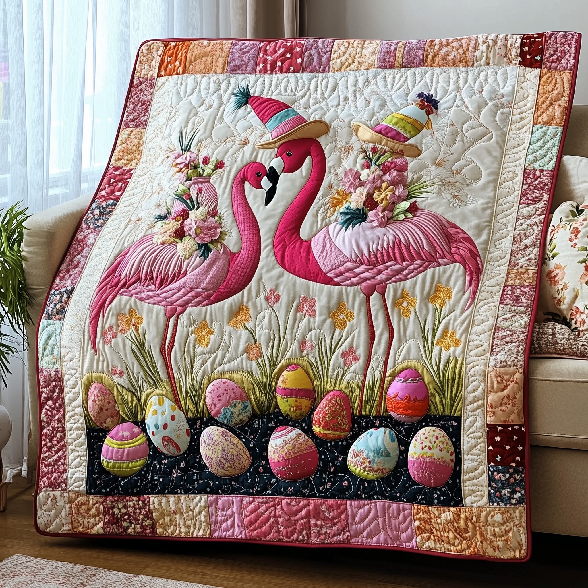 Easter Flamingo Quilted Blanket Cute Bed BlanketCute Easter Gift Items
