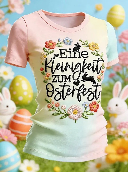 Easter Floral Embroidery T-Shirt Cute Bunny Holiday Easter Egg Spring Apparel Best Gift For Family
