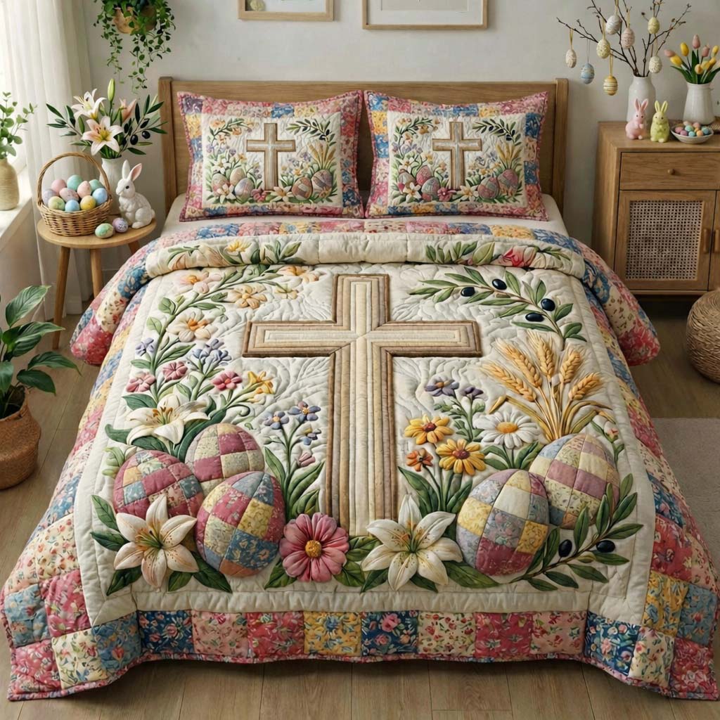 Easter Joy Quilted Bedding Set Spring Holiday Bedroom Decor Best Gift For Easter Lovers