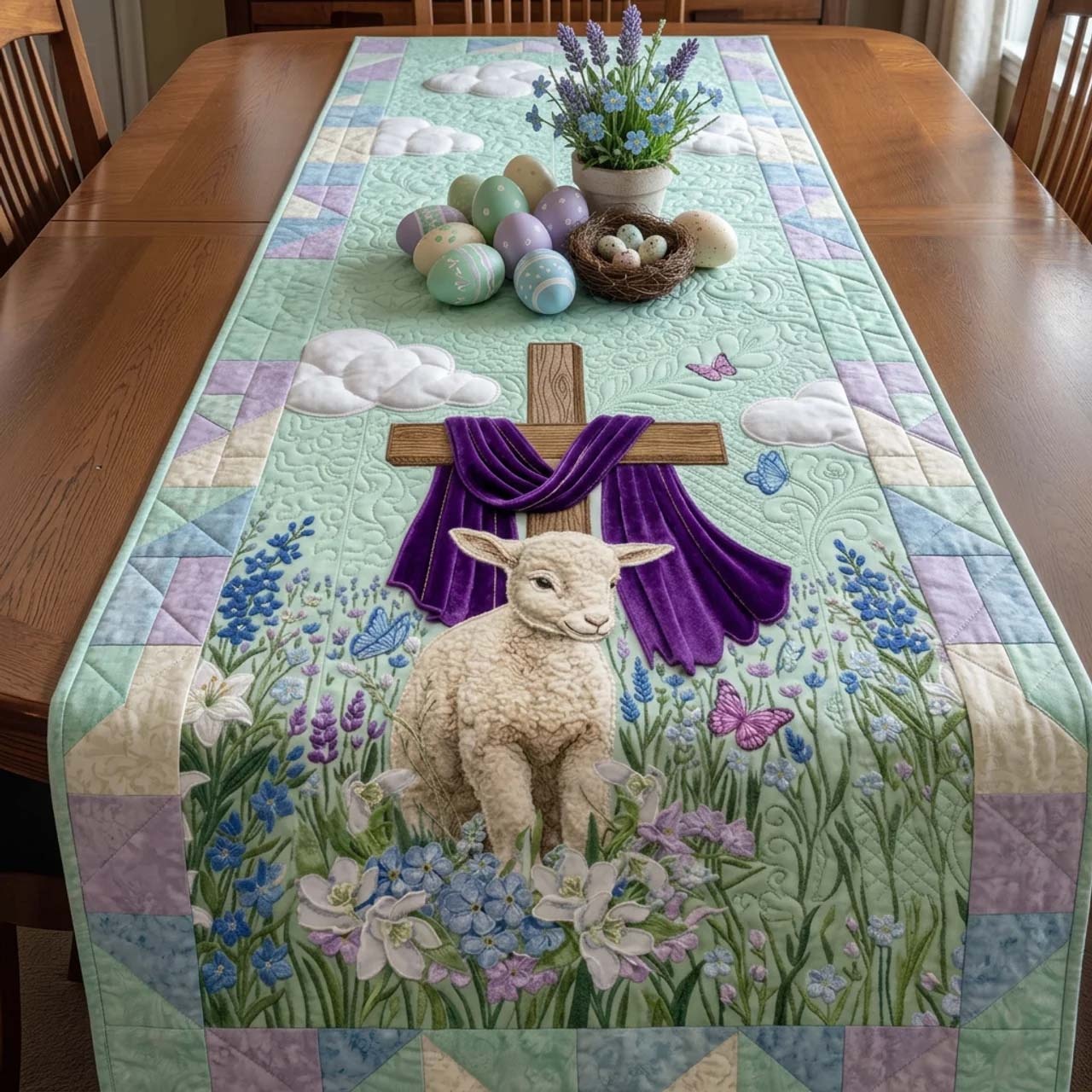 Easter Lamb Quilted Table Runner Rustic Kitchen Dining Decor Gift For Cozy Family Home