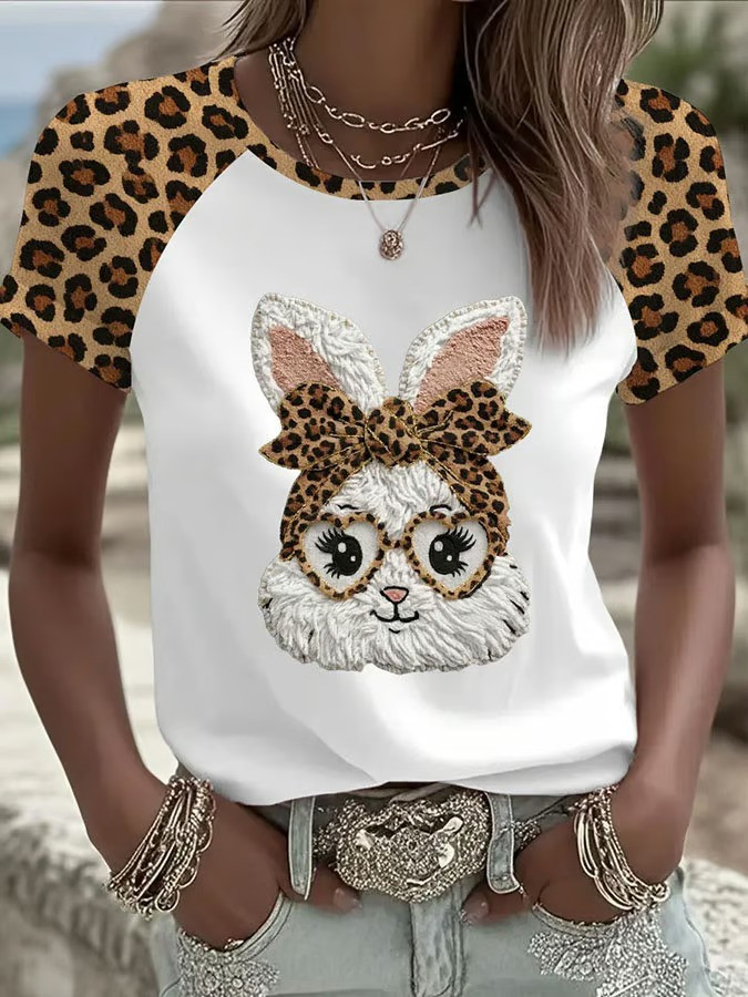 Easter Leopard Bunny Face T-Shirt Cute Rabbit Bow Fan Tee Spring Best Gift For Easter Bunny Fans