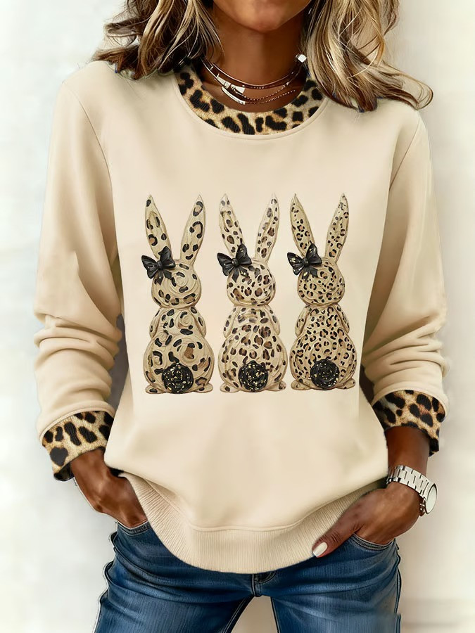 Easter Leopard Bunny Sweatshirt Cute Spring Rabbit Black Bow Fan Tee Best Gift For Easter Lovers