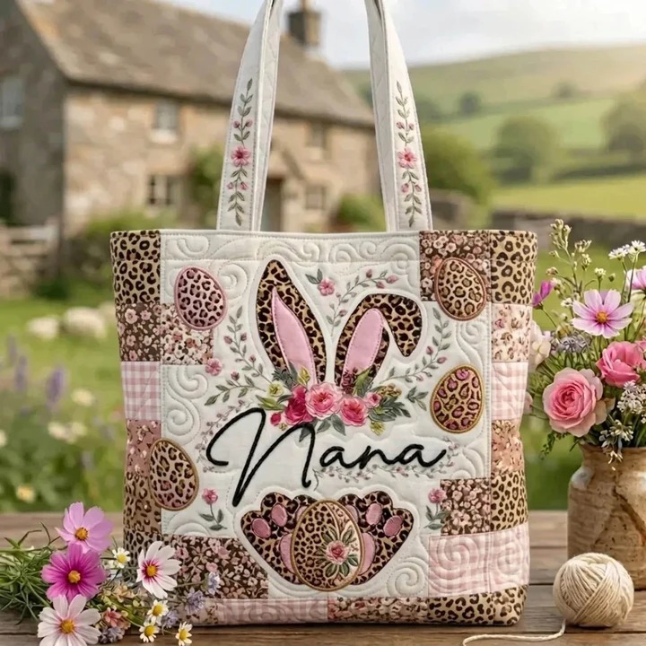 Easter Nana Bunny Ears Leopard Floral Quilted Tote Bag Grandma Holiday Seasonal Spring Gift For Her