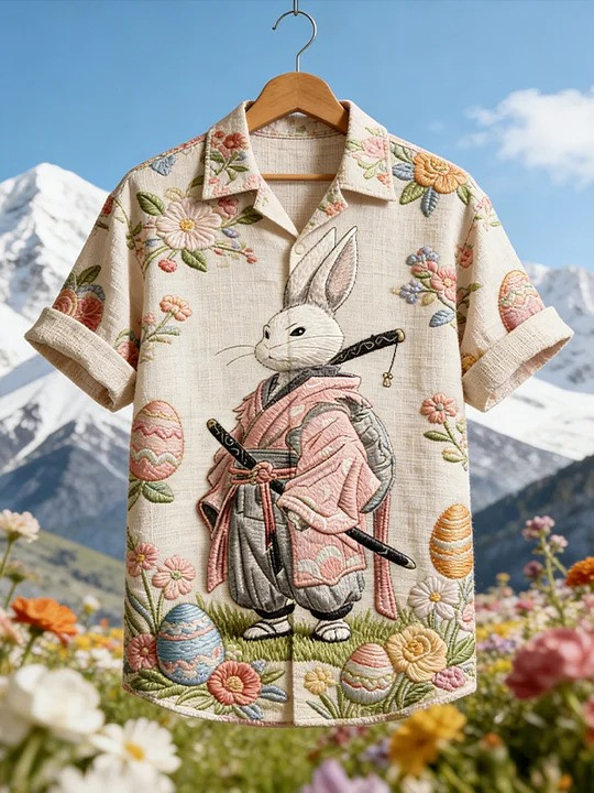 Easter Samurai Bunny Button Shirt Japanese Rabbit Floral Easter Egg Holiday Clothing Gift For Fans