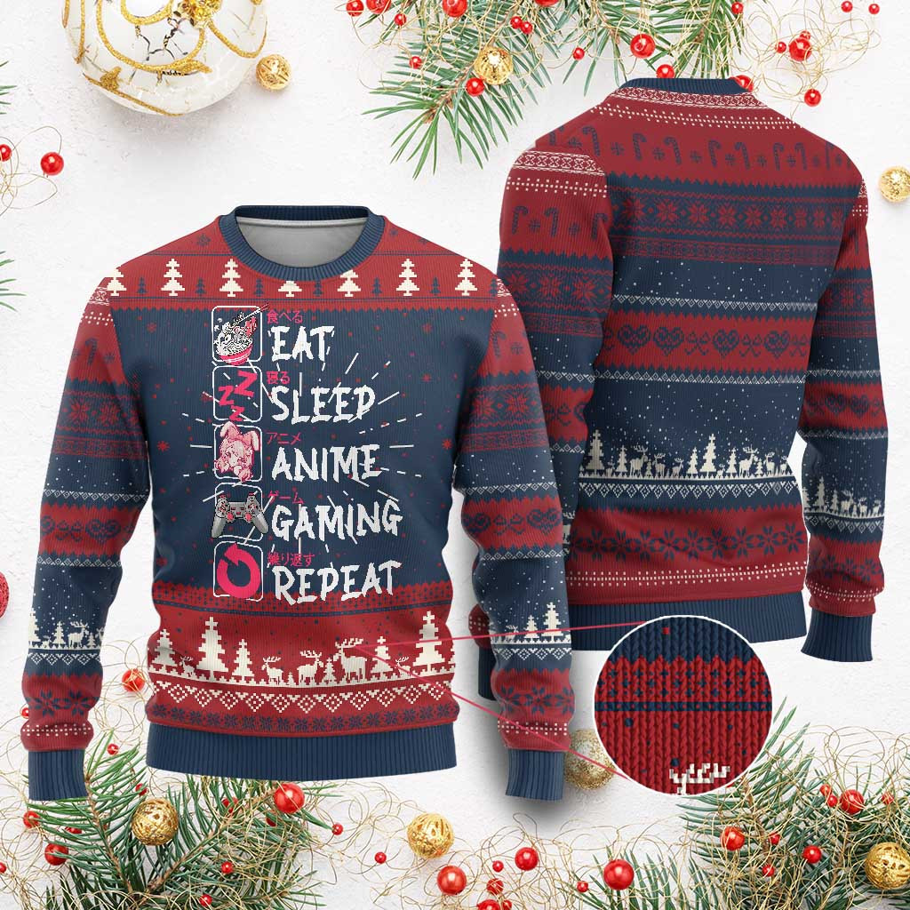 Eat Sleep Anime Gaming Ugly Christmas Sweater Otaku Gamer Sweater Japanese Culture Gifts