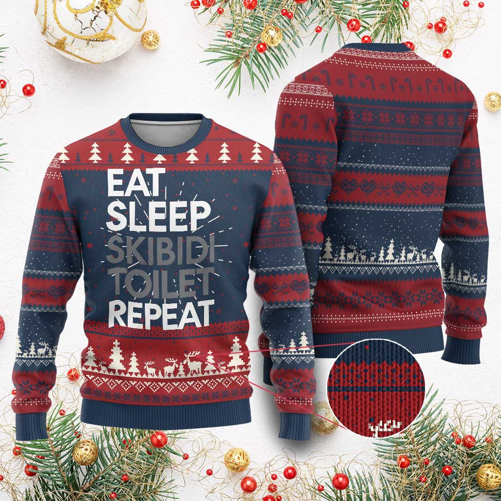 Eat Sleep Skibidi Toilet Repeat Ugly Christmas Sweater Funny Gen Alpha Sweater Slang Gifts