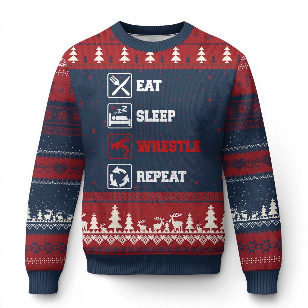 Eat Sleep Wrestle Repeat Ugly Christmas Sweater Funny Wrestling Jumper Gym Inspired Gifts