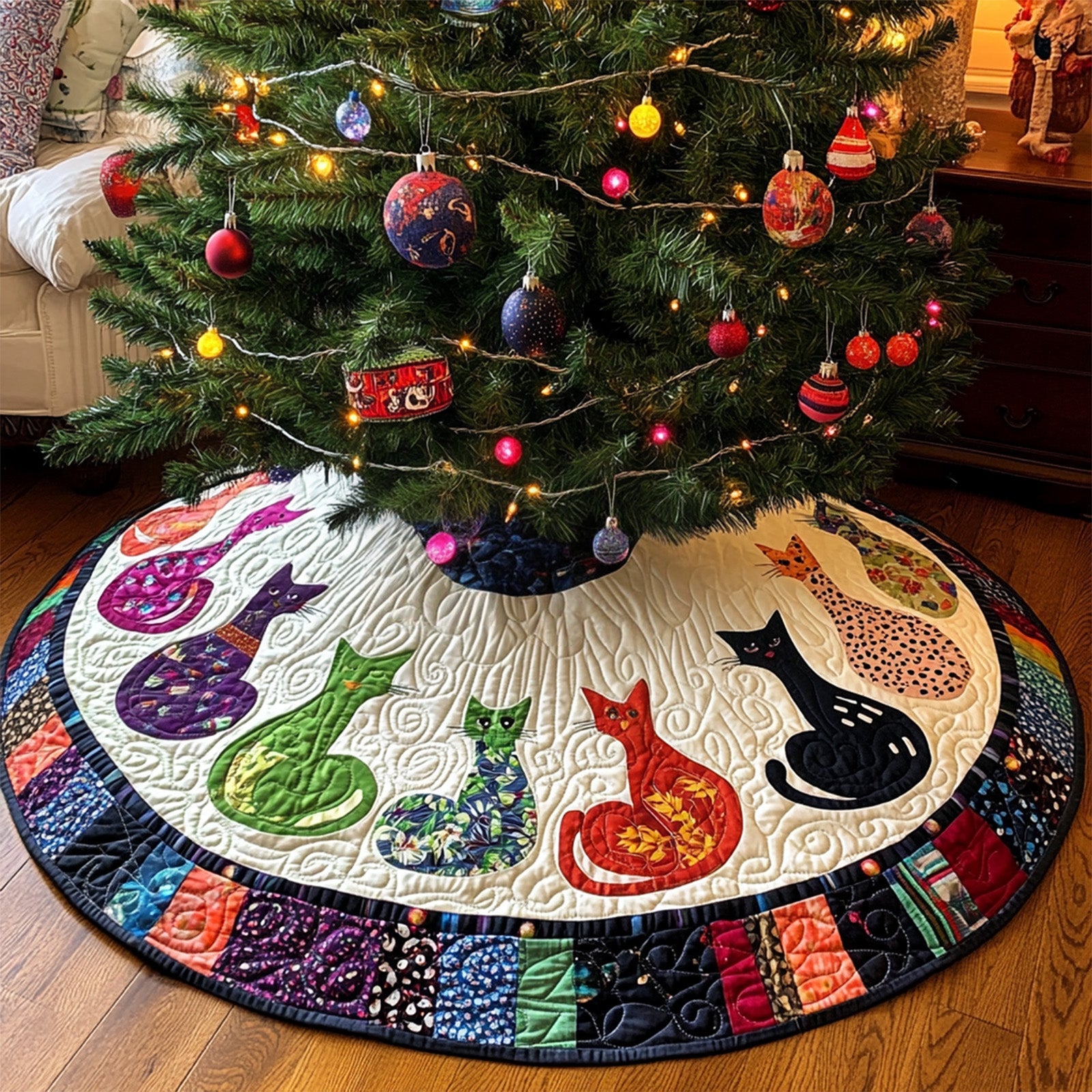 Ebony Tails Quilted Christmas Tree Skirt Family Holiday Gathering Decor Holiday Tree Base Decoration