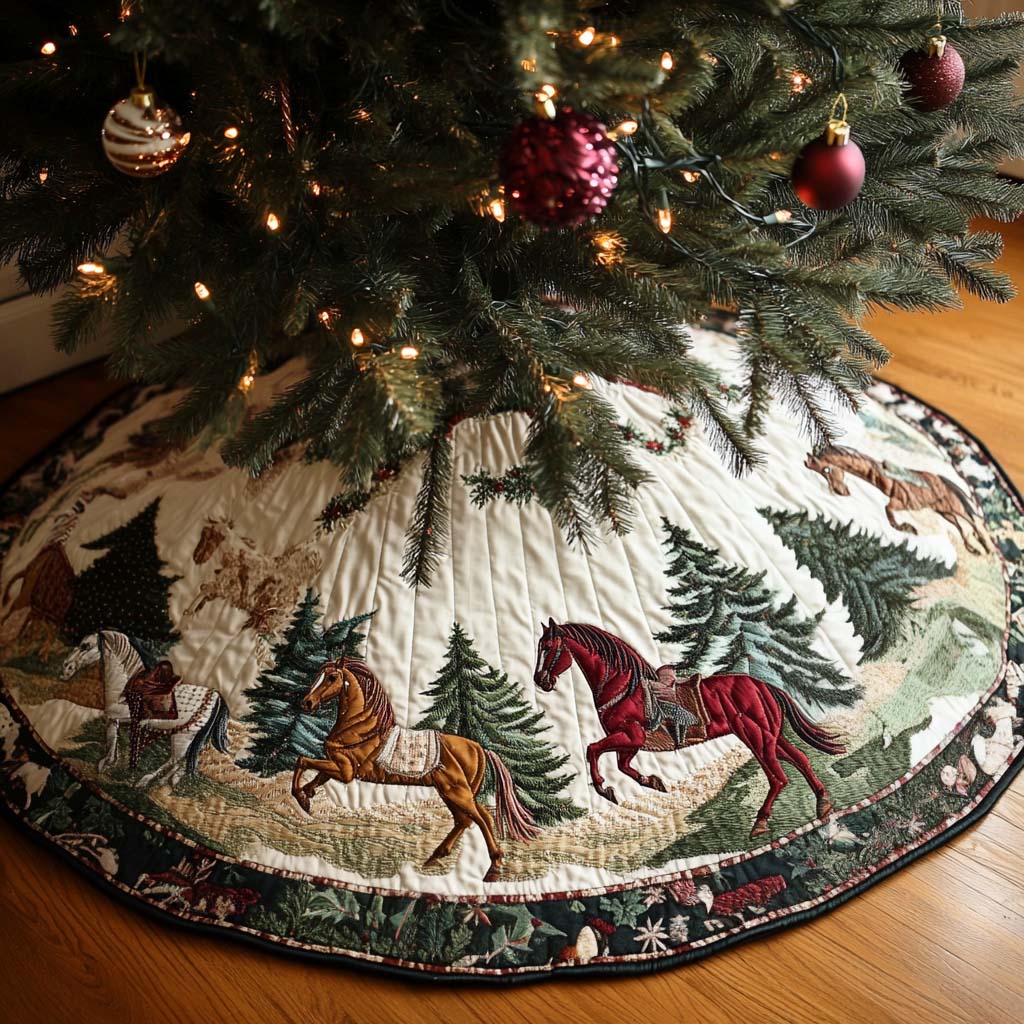 Echoes Of Hoofbeats Christmas Quilted Tree Skirt Family Holiday Gathering Decor Holiday Tree Base Decoration