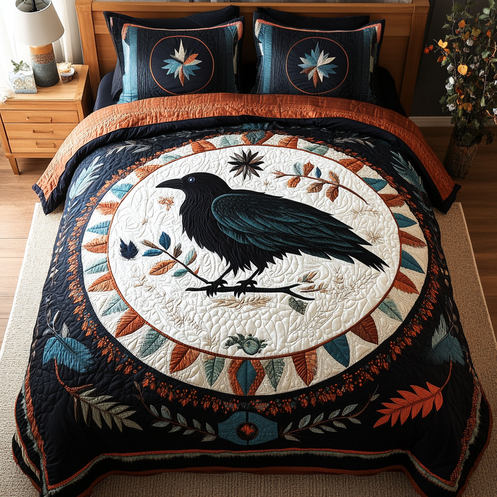Eclipse Feathers Quilted Bedding Set Bedroom Decor Raven Bird Gifts