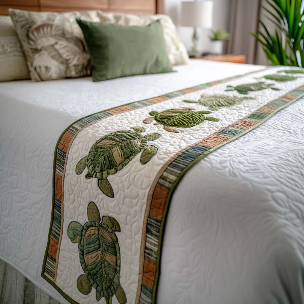 Eco Spirit Turtle Quilted Bed Runner Cozy Bedroom Decor Sea Turtle Gift Shop