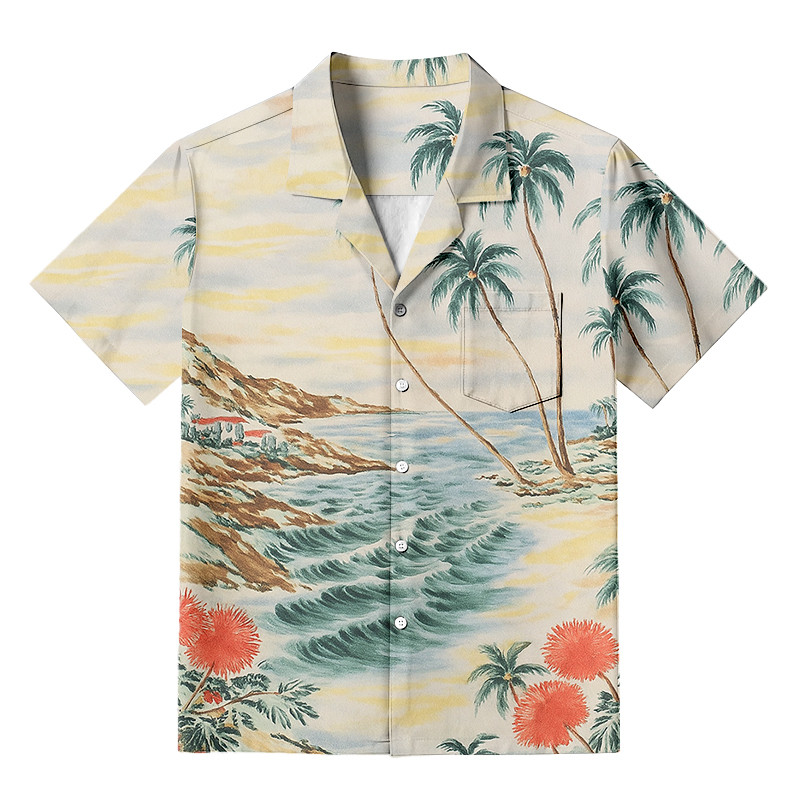Ecru 60s Ocean View Button Up Shirt Nature Vibe Vintage Style Shirt Gifts For Father