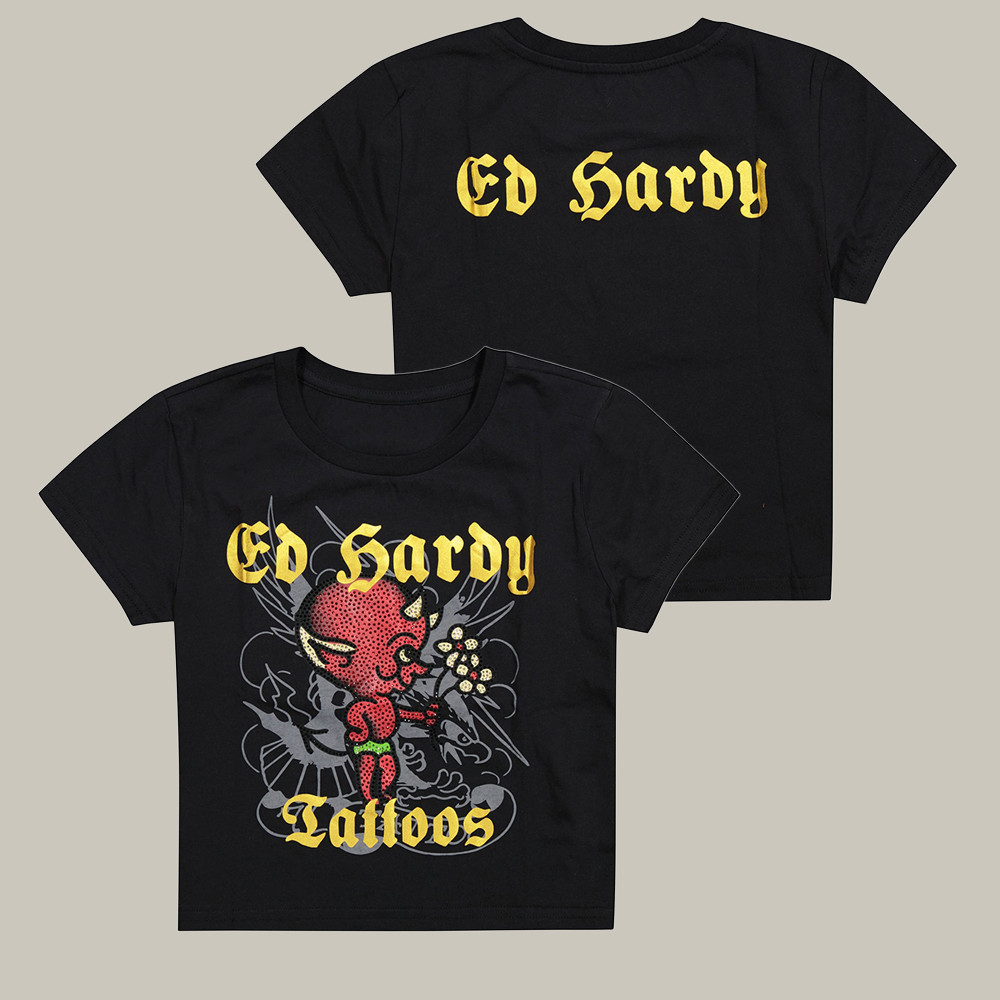 Ed Hardy Merch Baby Devil Rhinestone Baby Tee Monster Themed Shirt Gifts For Tattoo Lovers
