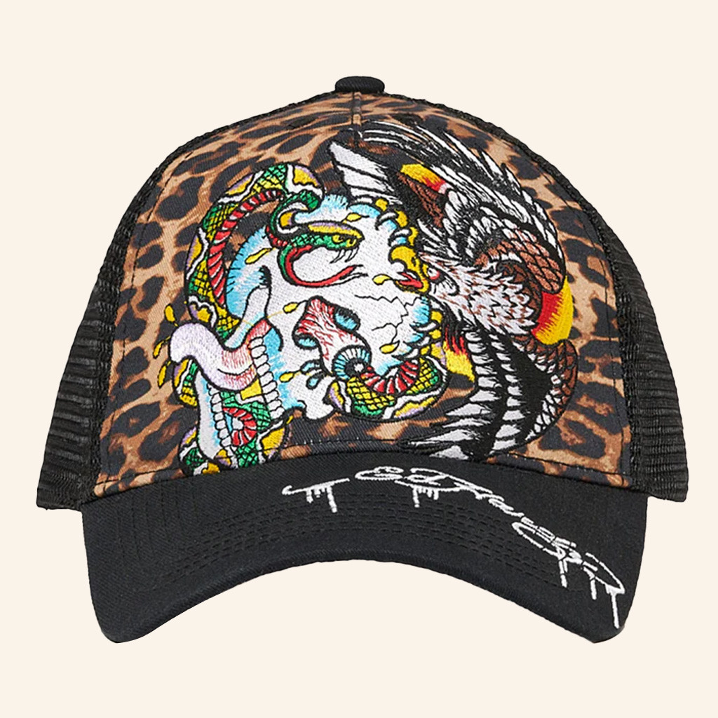 Ed Hardy Merch Battle Skull Leopard Trucker Hat Ed Hardy Hat Christmas Gifts For Son Ed Hardy Merch Battle Skull Leopard Trucker Hat Ed Hardy Hat Christmas Gifts For Son