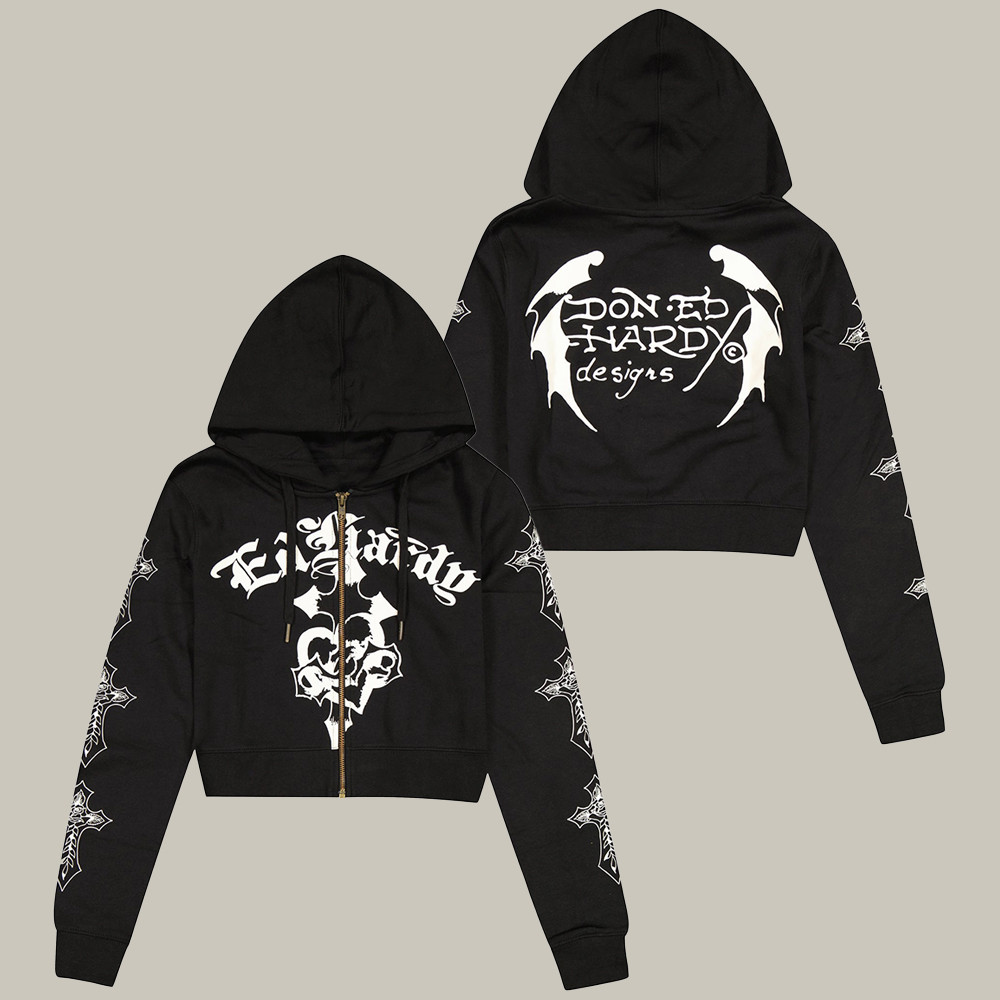 Ed Hardy Merch Crosses Boxy Zip Hoodie Don Ed Hardy Design Bold Graphics Hoodie Gift Ideas