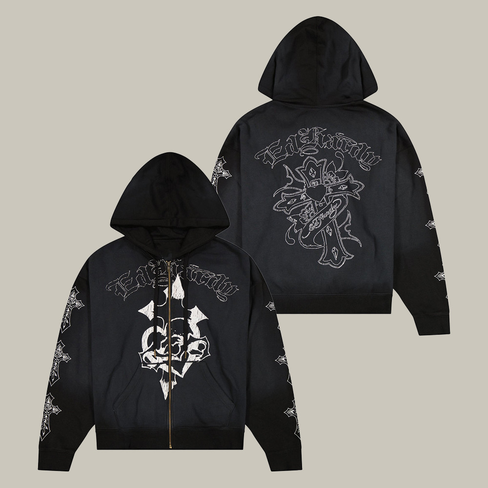 Ed Hardy Merch Crosses Boxy Zip Hoodie Holy Cross Pattern Vintage Style Ed Hardy Lover Gifts
