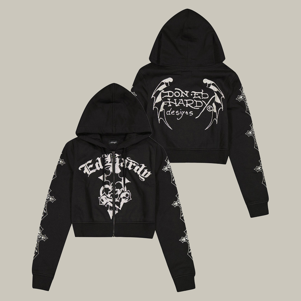 Ed Hardy Merch Crosses Rhinestone Zip Hoodie Don Ed Hardy Design Tattoo Art Gifts For Him