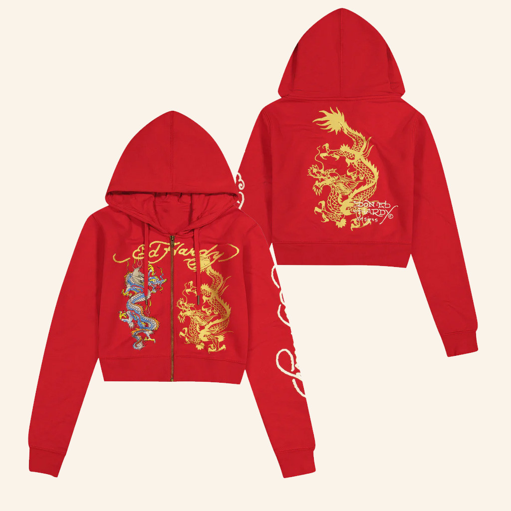 Ed Hardy Merch Dragon Cropped Zip Hoodie Ed Hardy Hoodie Birthday Gift For Wife
