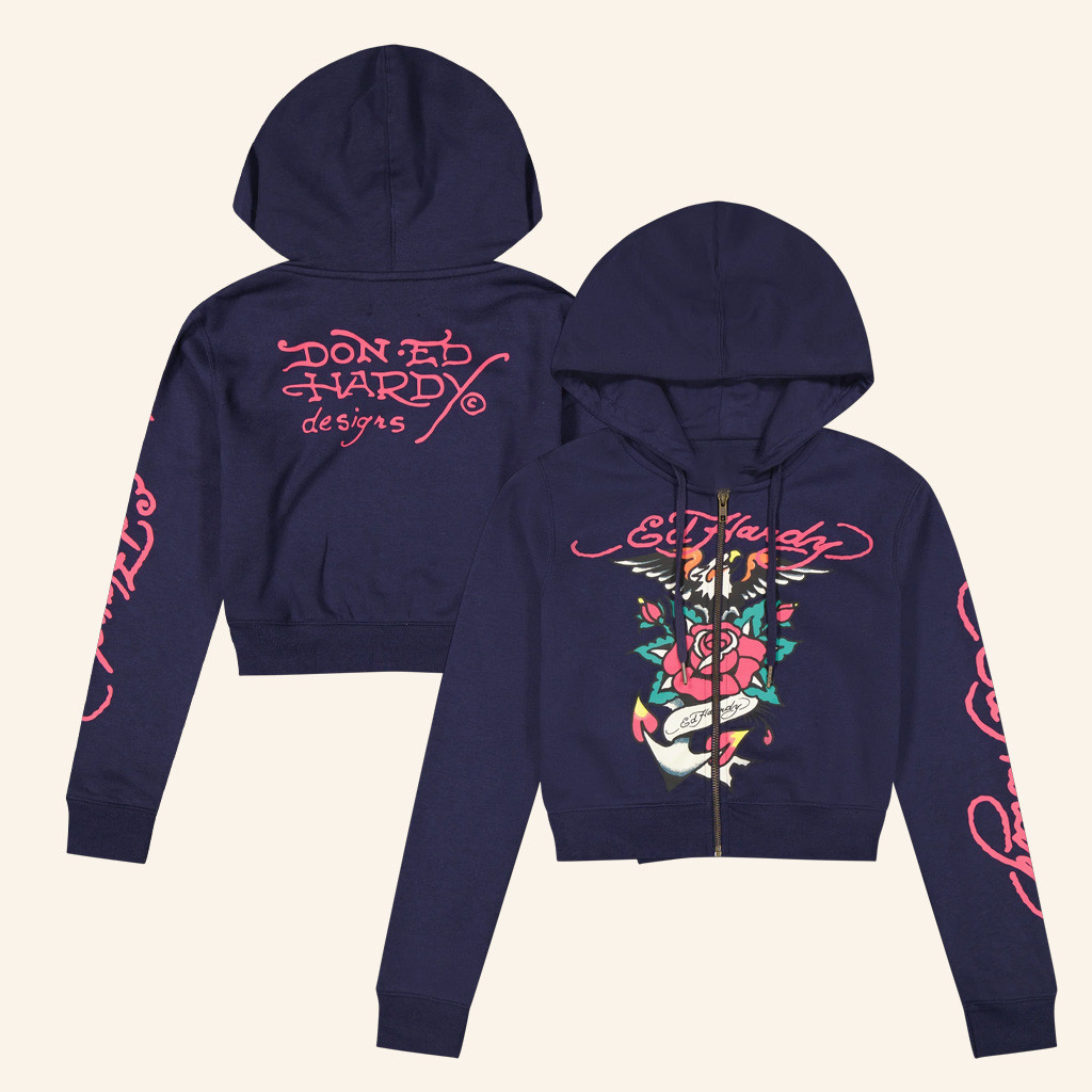 Ed Hardy Merch Eagle Rose Cropped Zip Hoodie Ed Hardy Hoodie Birthday Gift For Sister Ed Hardy Merch Eagle Rose Cropped Zip Hoodie Ed Hardy Hoodie Birthday Gift For Sister