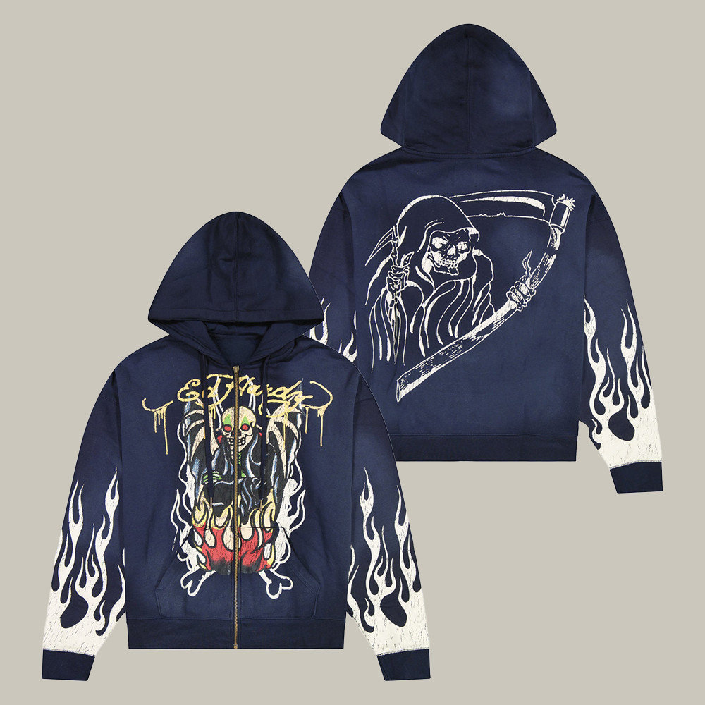 Ed Hardy Merch Fire Lord Boxy Zip Hoodie Skeleton Art Ed Hardy Apparel Unique Fans Gifts
