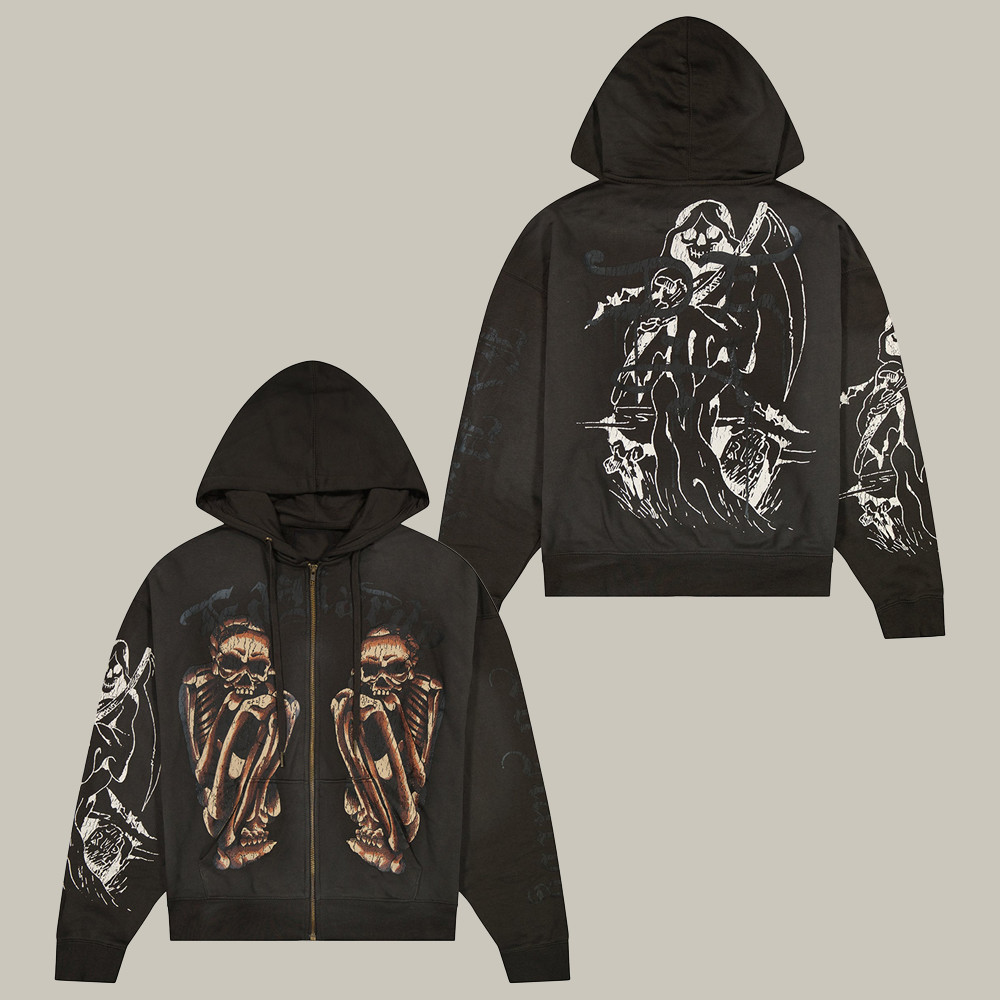 Ed Hardy Merch Fire Lord Boxy Zip Hoodie Skeleton Art Ed Hardy Clothing Tattoo Lovers Gifts