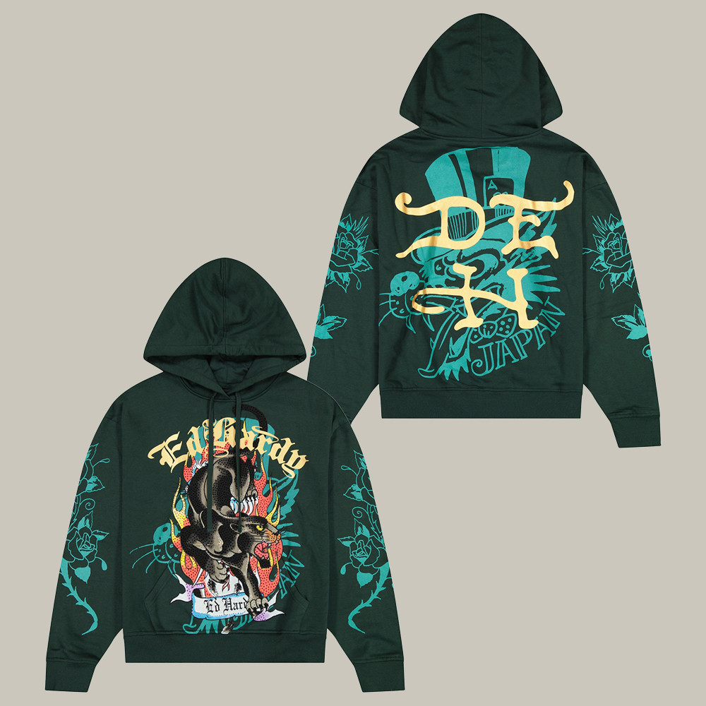 Ed Hardy Merch Fire Panther Rhinestone Boxy Fleece Hoodie Y2K Fashion Gifts For Ed Hardy Lovers