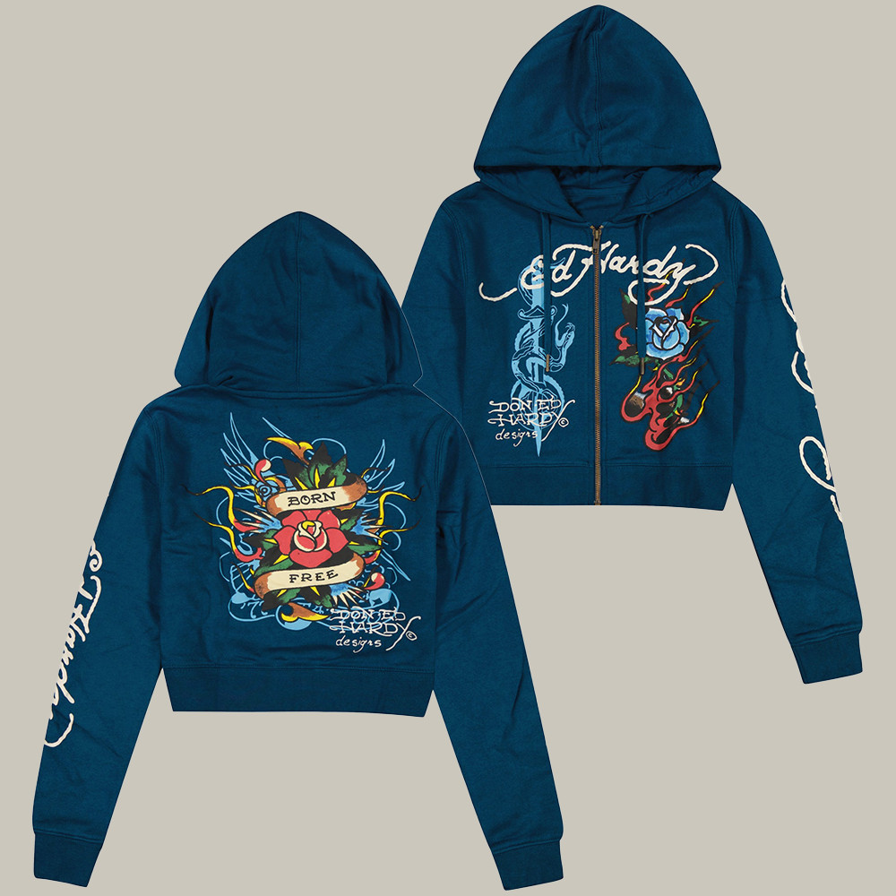Ed Hardy Merch Flame Rose Hoodie Born Free Art Themed Hoodie Ed Hardy Lover Christmas Gifts