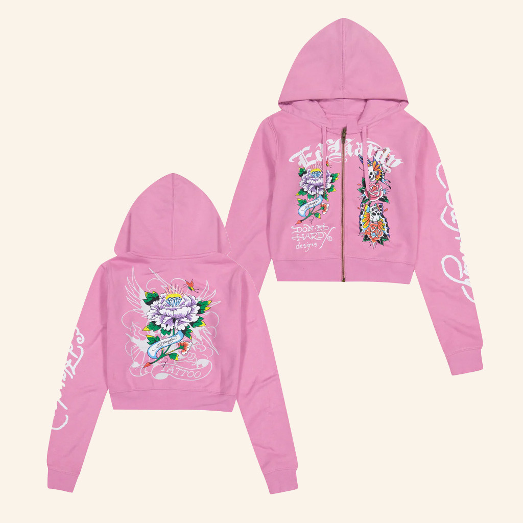 Ed Hardy Merch Flower Skull Cropped Zip Hoodie Ed Hardy Hoodie Birthday Gift For Girlfriend