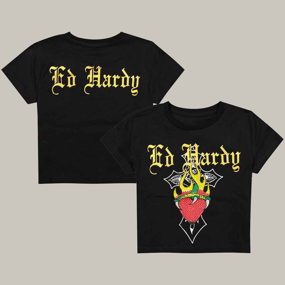 Ed Hardy Merch Heart Flame Rhinestone Baby Tee Celebrity Clothing Gifts For Ed Hardy Fans