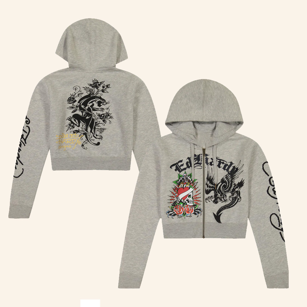 Ed Hardy Merch Heart Roses Cropped Zip Hoodie Ed Hardy Hoodie Birthday Gift For Wife