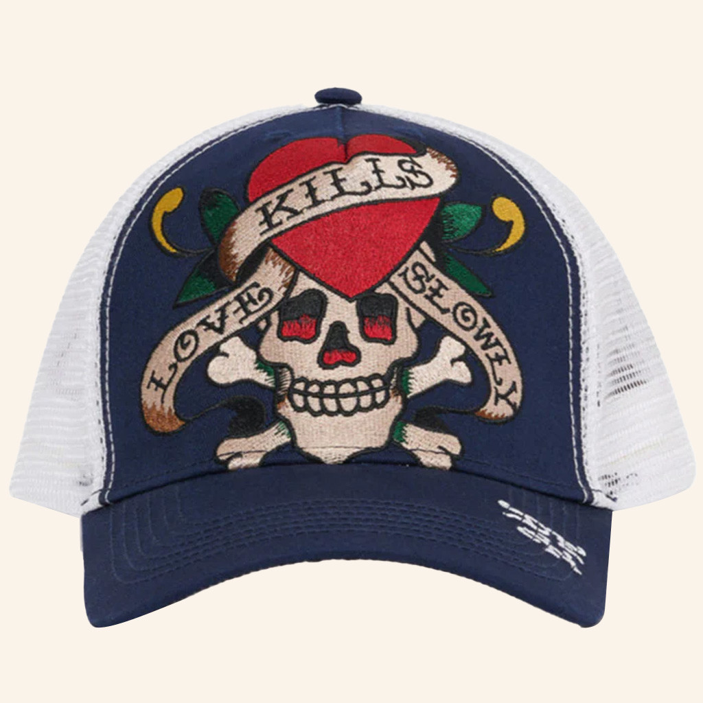 Ed Hardy Merch Heart Skull Kills Love Slowly Trucker Hat Ed Hardy Hat Gifts For Dad Ed Hardy Merch Heart Skull Kills Love Slowly Trucker Hat Ed Hardy Hat Gifts For Dad
