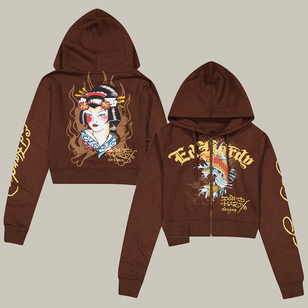 Ed Hardy Merch Koi Fish Y2k Zip Hoodie Geisha Japanese Art Design Ed Hardy Clothing Gifts