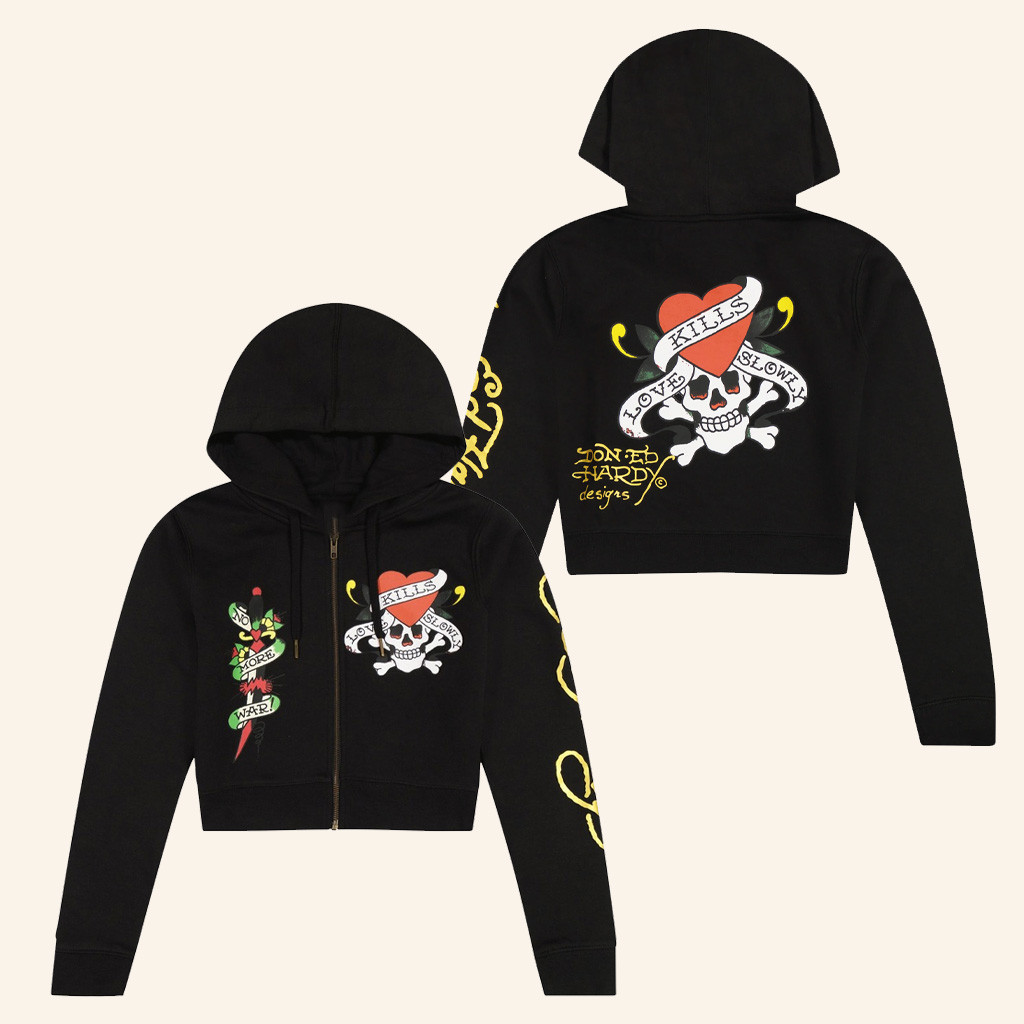 Ed Hardy Merch LKS Skull Black Cropped Zip Hoodie Ed Hardy Hoodie Birthday Present For Daughter