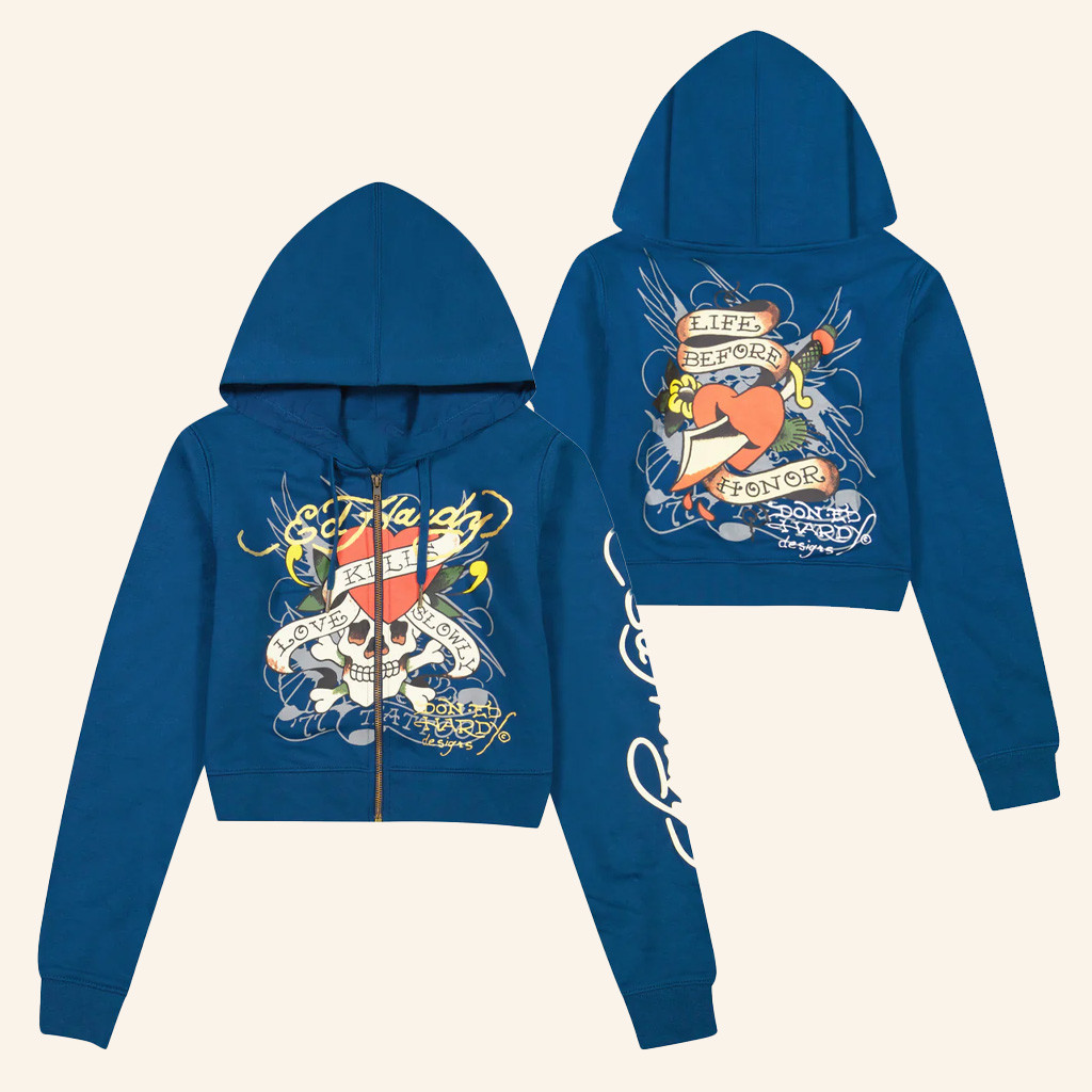 Ed Hardy Merch LKS Skull Cropped Zip Hoodie Ed Hardy Hoodie Present For Her