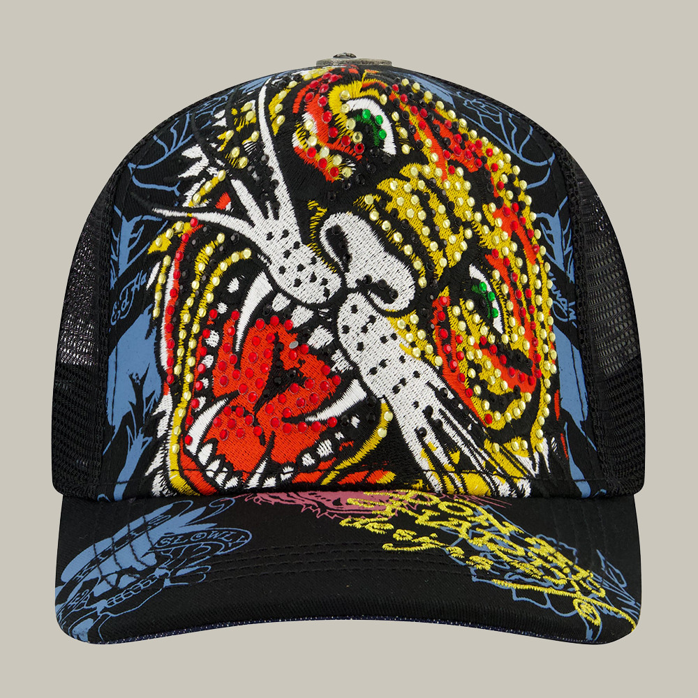 Ed Hardy Merch Lks Skull Rhinestone Hat Tiger Pattern Tattoo Art Baseball Cap Gift For Him