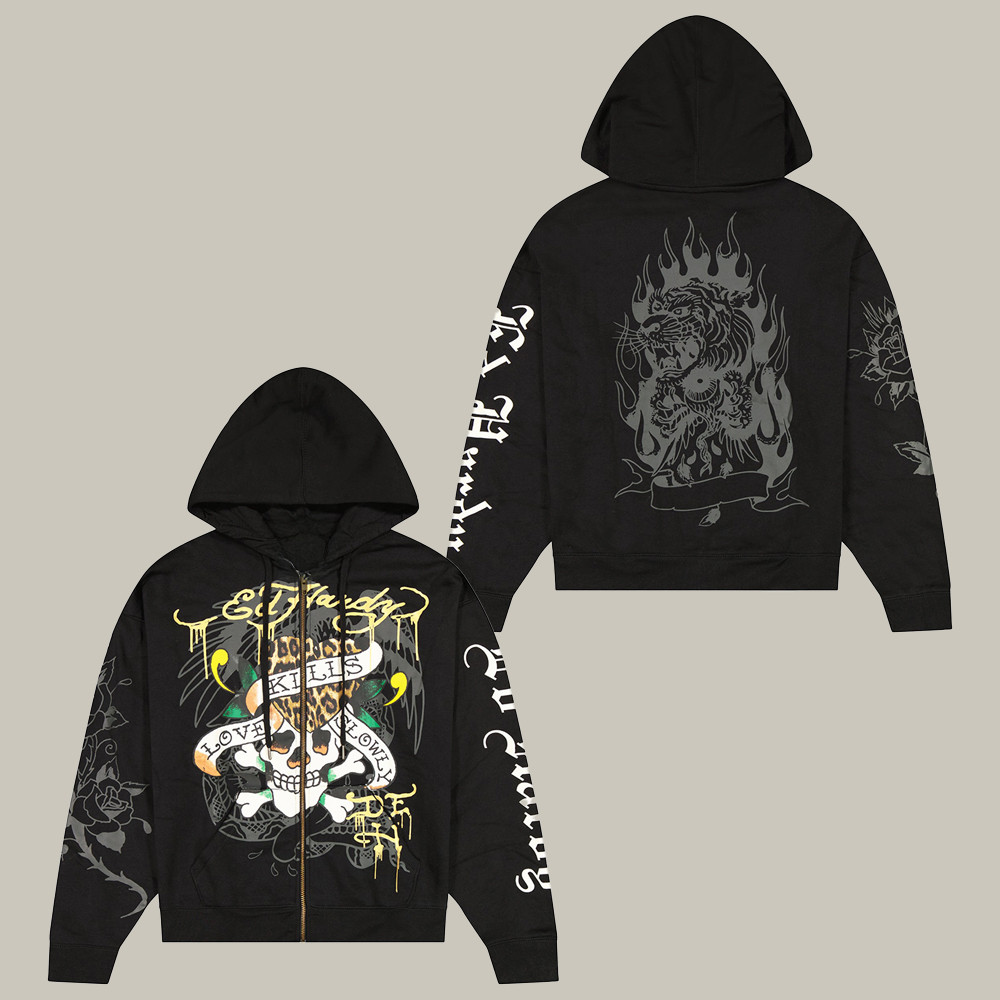 Ed Hardy Merch Lks Skull Zip Hoodie Kills Love Slowly Ed Hardy Apparel Skull Lover Gifts
