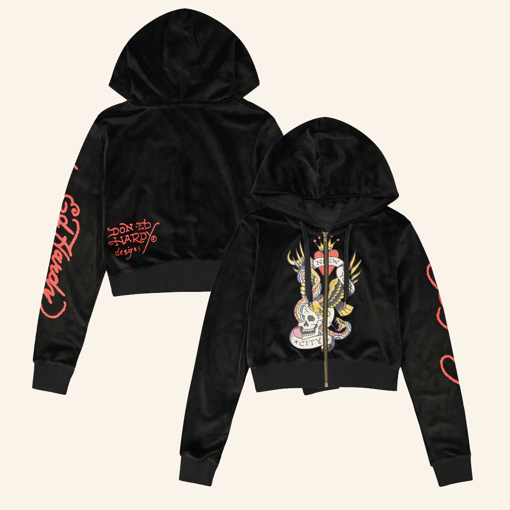 Ed Hardy Merch NYC Skull Cropped Zip Hoodie Ed Hardy Hoodie Christmas Gifts For Her