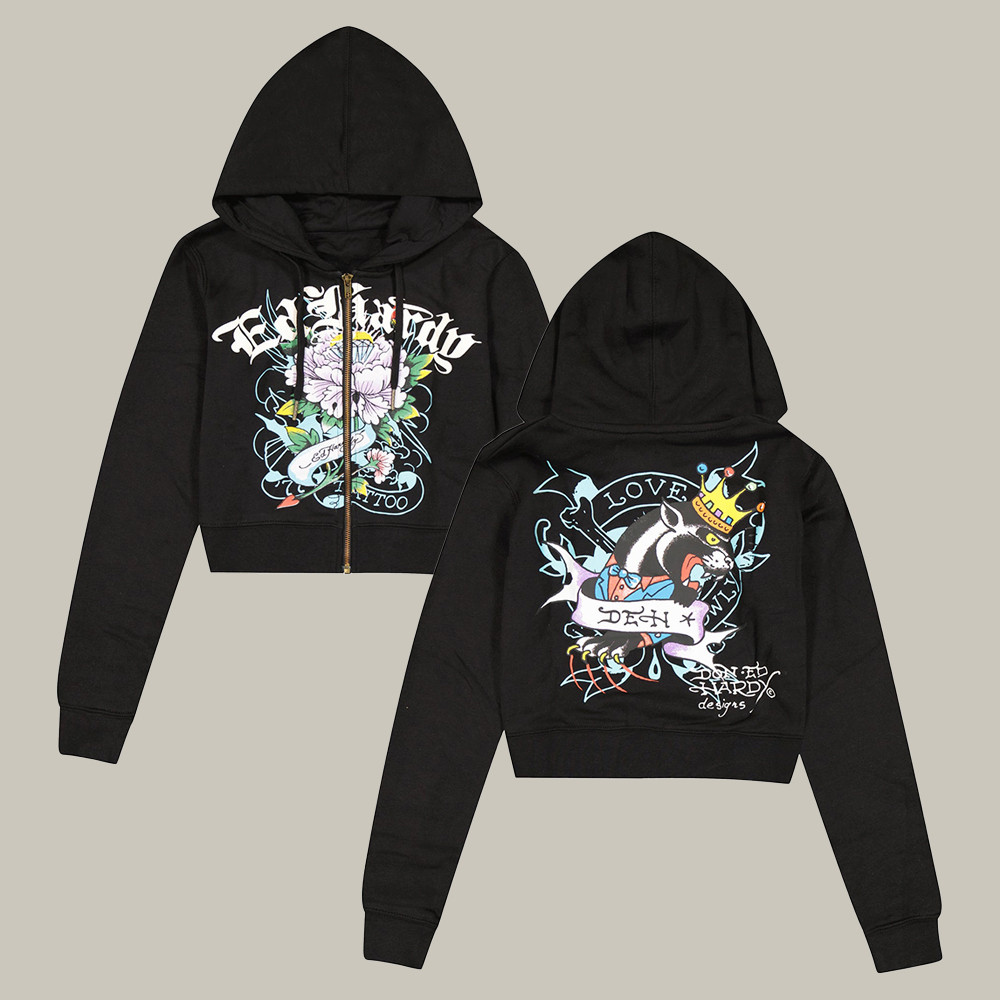 Ed Hardy Merch Panther Ice Flower Zip Hoodie Art Design Ed Hardy Apparel Gifts For Him