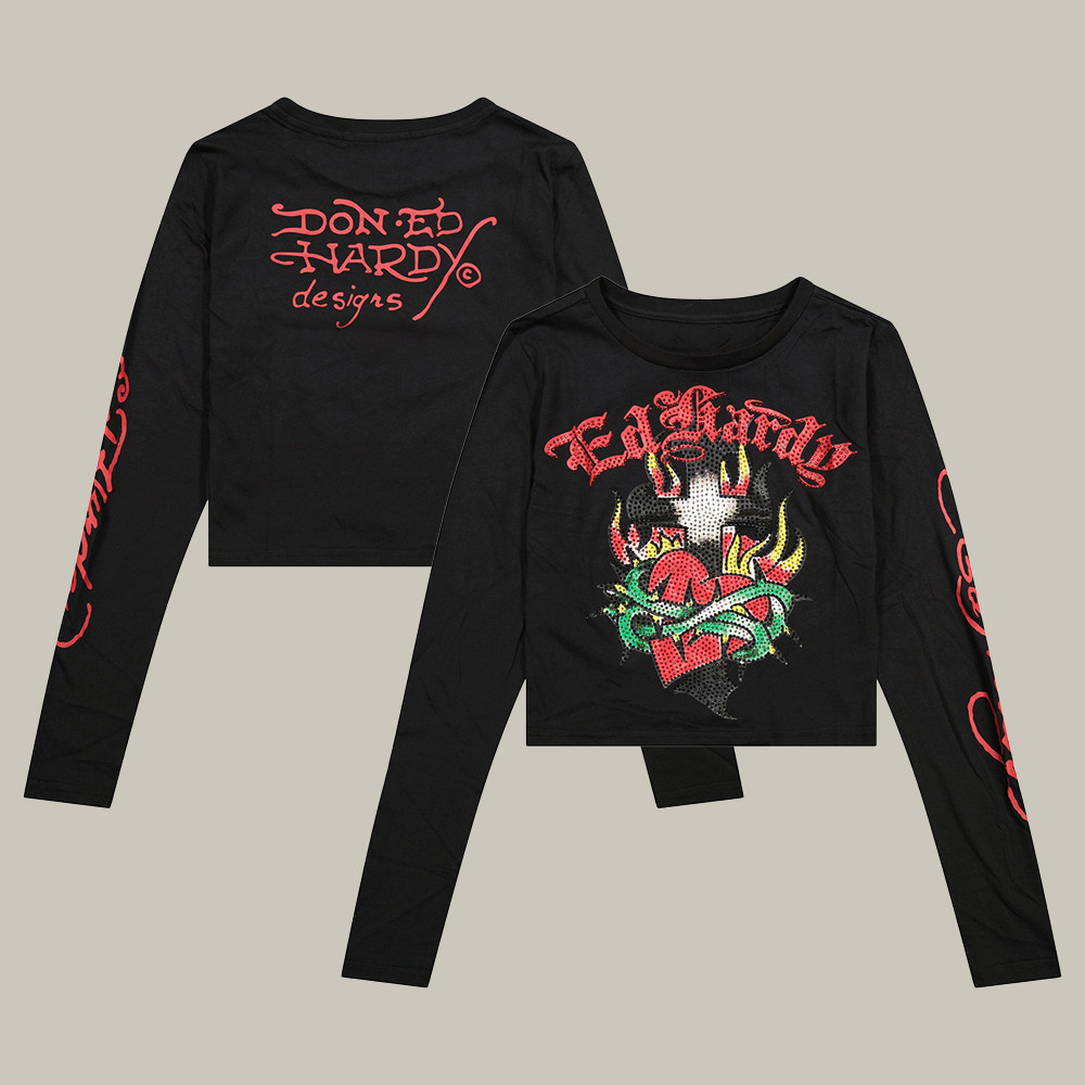 Ed Hardy Merch Rhinestone Long Sleeve Shirt Ed Hardy Clothing Gifts For Tattoo Lovers