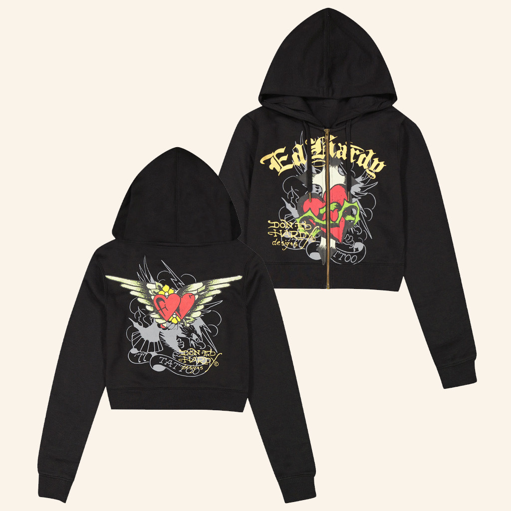 Ed Hardy Merch Sacred Heart Cropped Zip Hoodie Ed Hardy Apparel Gifts For Best Friend
