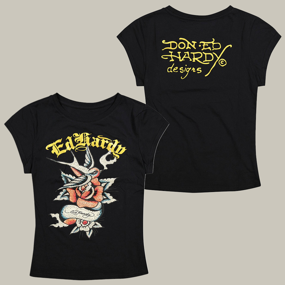 Ed Hardy Merch Swallow Rose Baby Tee Bird And Snake Pattern Ed Hardy Clothes Good Gifts