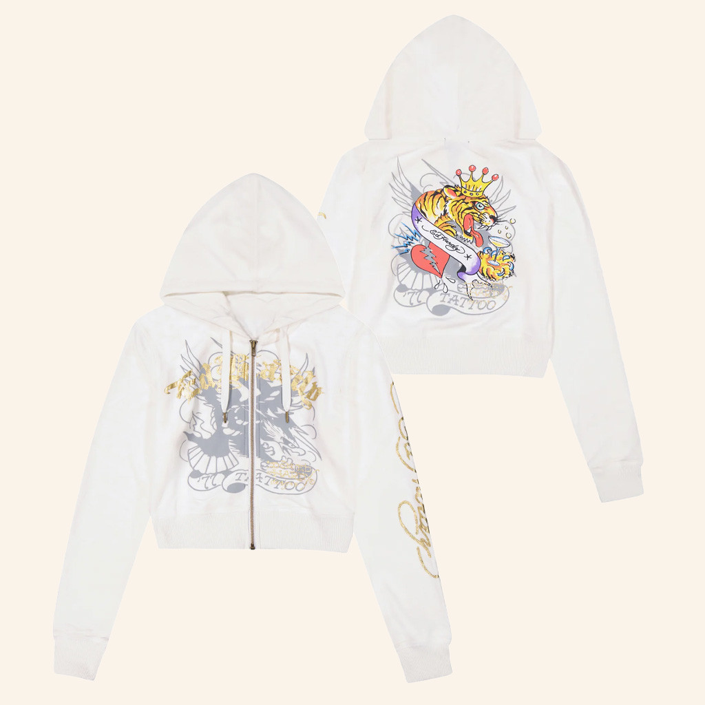 Ed Hardy Merch Tiger Crown Cropped Zip Hoodie Ed Hardy Apparel Gifts For Mother