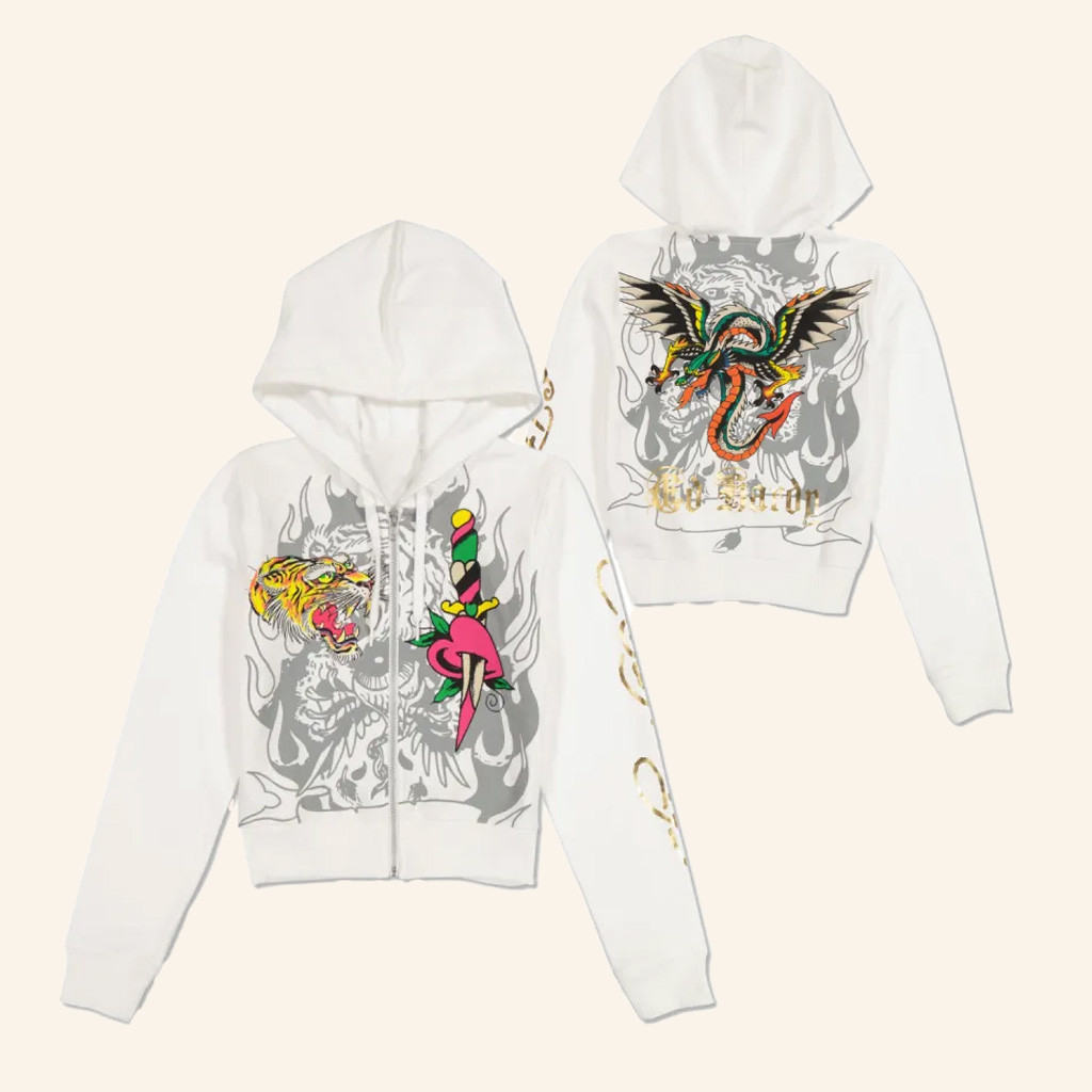 Ed Hardy Merch Tiger Dagger Cropped Zip Hoodie Ed Hardy Apparel Gifts For Sister
