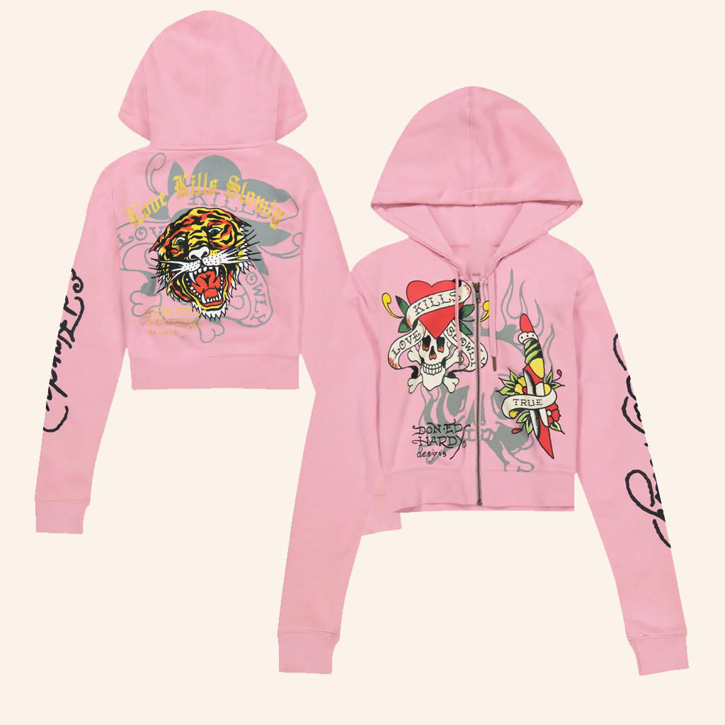 Ed Hardy Merch Tiger Dagger Cropped Zip Hoodie Ed Hardy Apparel Girlfriend Gifts